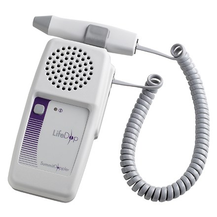 LifeDop 150 Series handheld fetal Doppler with probe and coiled cable for monitoring fetal heart rate.