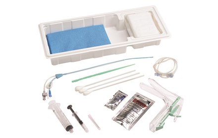 Hysterosonography and Hysterosalpingography Procedure Tray and various tools and supplies laid out next to it