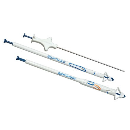 Carter-Thomason II Port Site Closure System surgical tools lined up next to each other