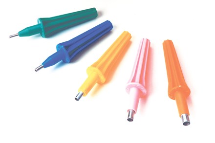 Row of green, blue, yellow, pink and orange Disposa-Derm Skin Biopsy Punches fanned out