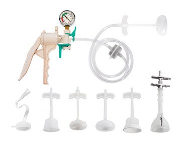 Mityvac Vacuum-Assisted Delivery System and tubing, with row of various vacuum/suction cups lined up beneath it