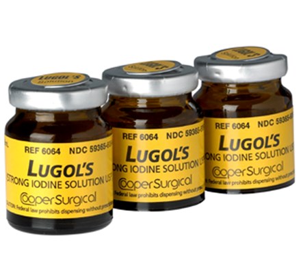 Row of three bottles of Lugol's Strong Iodine Solution