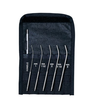 Set of Mini Cervical Dilator stainless steel tools, from 1mm to 3mm, in pouch