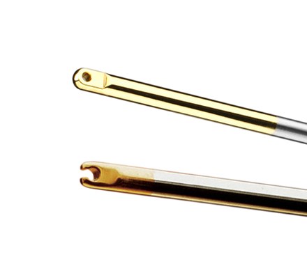 Close-up view of two Laparoscopic Knot Pusher tools, closed-tip and open-tip