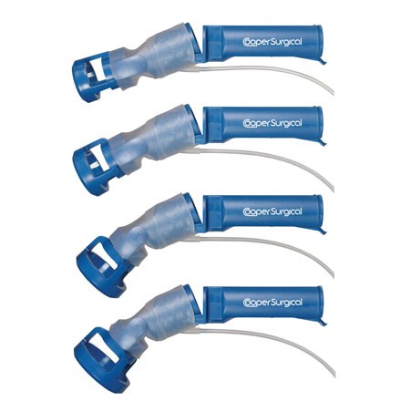 Row of four, blue RUMI® II Koh-Efficient Uterine Manipulators, stacked on top of each other