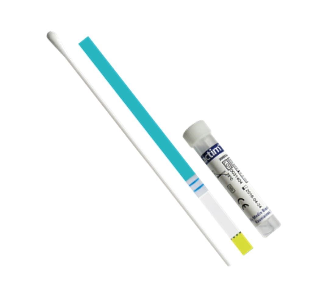 Actim PROM Test supplies: Swab, test strip, and test tube lined up next to each other