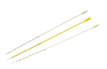 Three Pipet Curet Endometrial Suction Curettes lined up, yellow and white colors