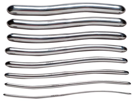 Row of stainless steel Hegar Cervical Dilators stacked on top of each other, from large to small