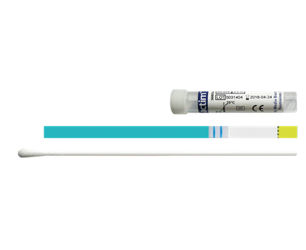 Actim PROM Test supplies: Swab, test strip, and test tube lined up next to each other