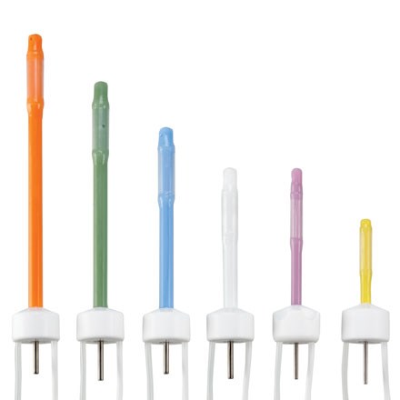 RUMI II Intrauterine Tips of varying colors and sizes lined up in a row, from large to small